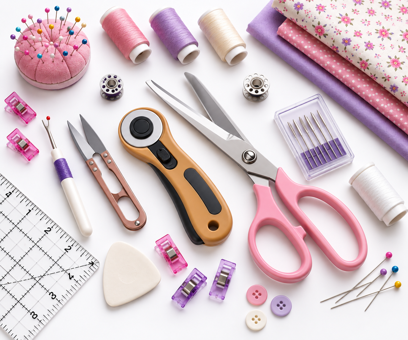Essential sewing tools and fabric scissors